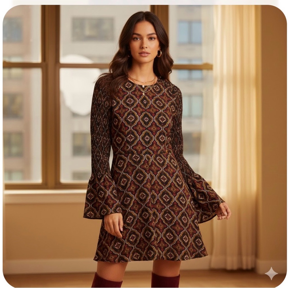 A.L.C. Geometric Long Sleeve Dress in Brown and Black